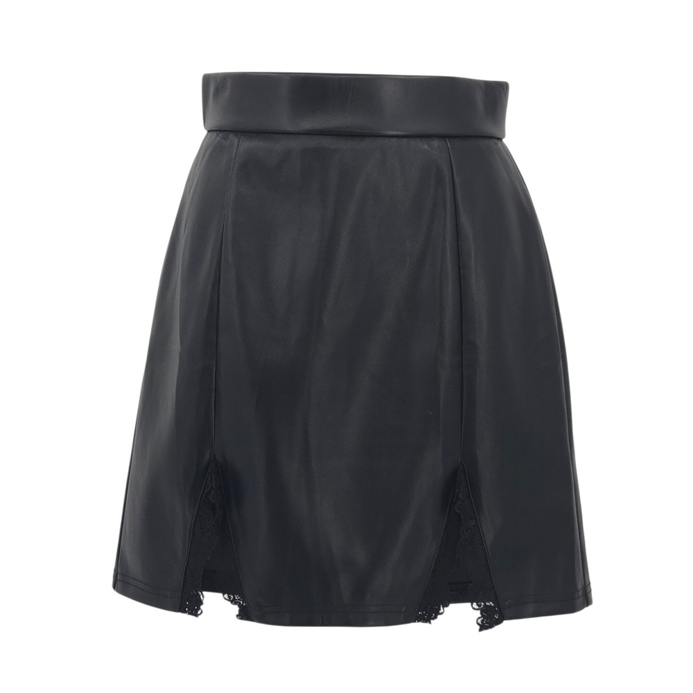 MANGOPOP Faux Leather Mini Skirt Women XS Black Lace Inset Slit Edgy Chic Gothic